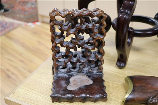 A pair of chinese carved hardwood stands and mixed Chinese ceramics etc